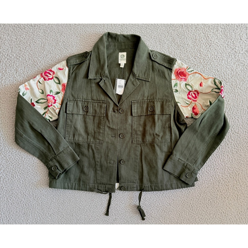 Tiny Leslie by Anthropologie Jacket sz Small Embroidered Dark Green Utility - Picture 5 of 13